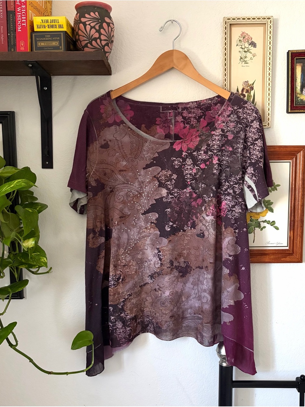 Vintage Y2K Whimsigoth Fashion Bug Purple Floral Mesh Embellished Top - 1X